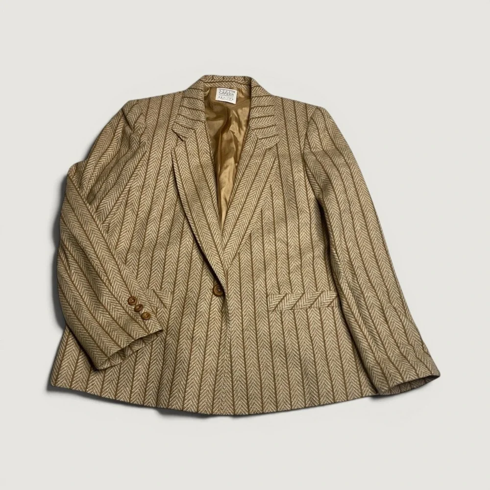 Koret Career VTG Herringbone Blazer Tan Wool Blend UNION USA Womens 10P Petite